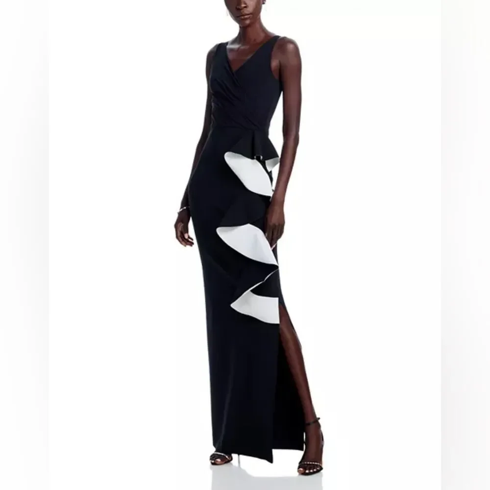 Chiara Boni La Petite Robe Sangiovanna Ruffle Long Gown Dress Black 12 NWT
